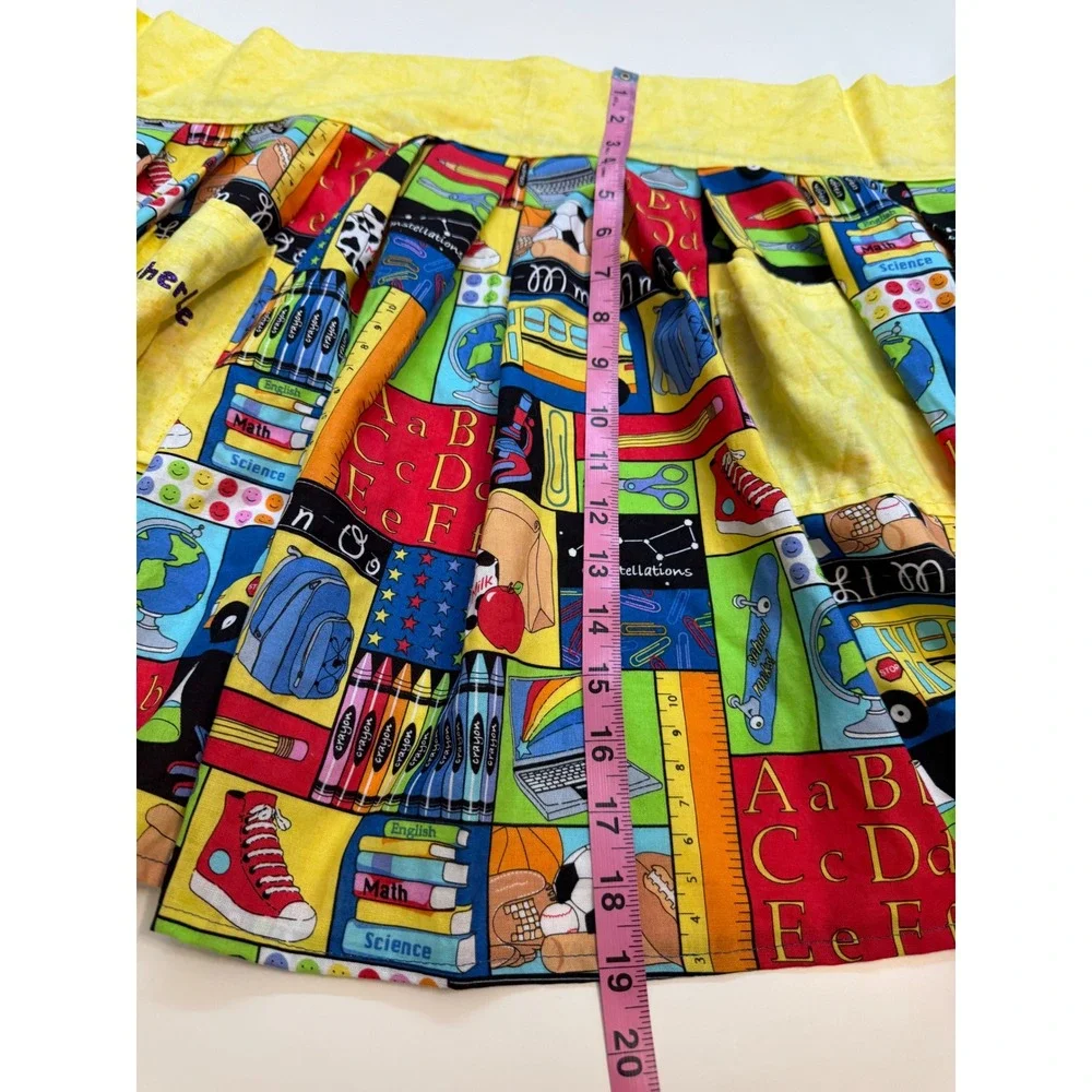 Handmade School Supply Print Half Apron Yellow Pockets Pleated